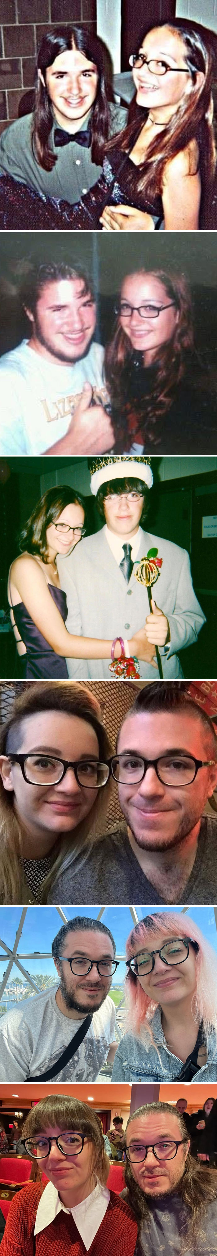 Wholesome photos: collage of a couple across years, from teens to adults, changing hairstyles and glasses.