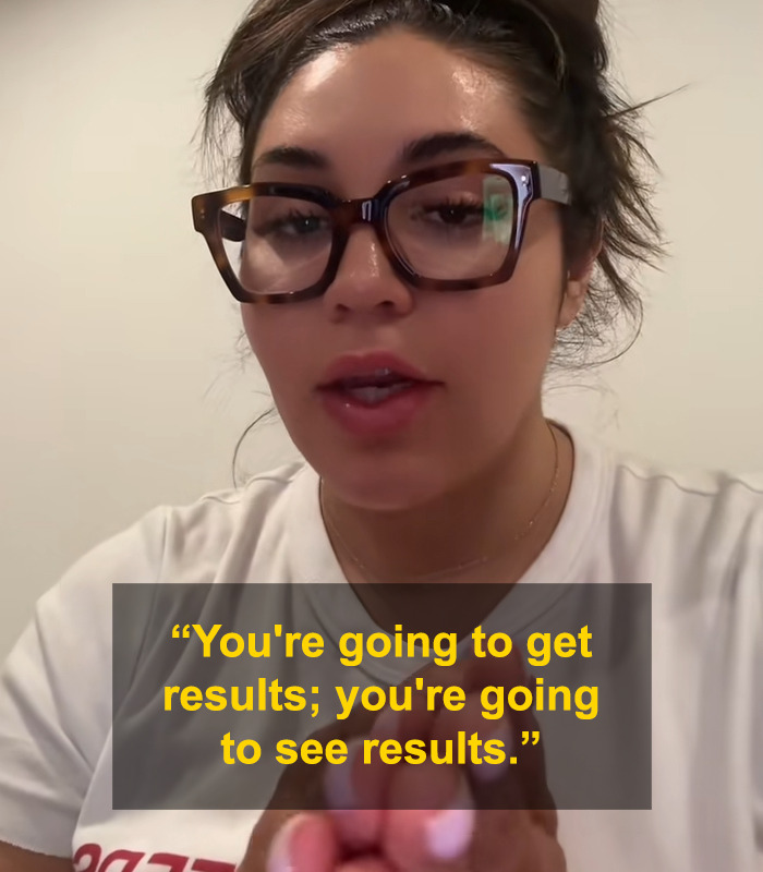 Young woman wearing glasses explaining results of BBLs and breast implants using donated lifeless bodies in a video message. Young woman wearing glasses explaining results of BBLs and breast implants using donated lifeless bodies in a video message.