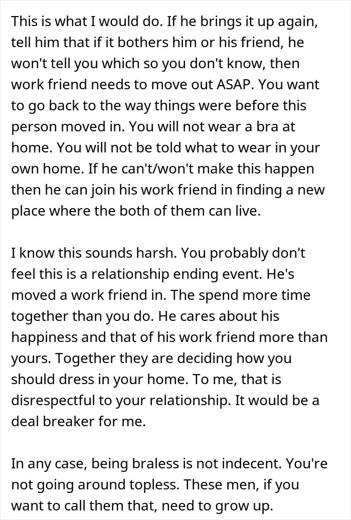 Advice text discussing how a woman never wears a bra at home and how it bothers her husband and his work friend. Advice text discussing how a woman never wears a bra at home and how it bothers her husband and his work friend.