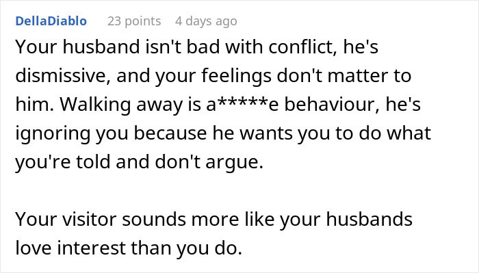 Comment discussing a husband becoming bothered by his wife not wearing a bra at home and their relationship conflict. Comment discussing a husband becoming bothered by his wife not wearing a bra at home and their relationship conflict.