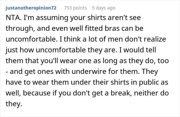 Screenshot of a Reddit comment discussing comfort and opinions about women not wearing bras at home and its impact on her husband. Screenshot of a Reddit comment discussing comfort and opinions about women not wearing bras at home and its impact on her husband.