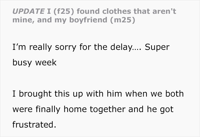 Text message discussing a man trying to explain clothes not belonging to him while fancy designer socks are visible in their home.