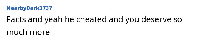 Comment text on white background with username NearbyDark3737 saying he cheated despite denial in a conversation about fancy designer socks.