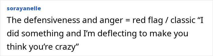 Screenshot of a forum comment discussing defensiveness as a red flag in a man trying to convince his girlfriend he didn&rsquo;t cheat.