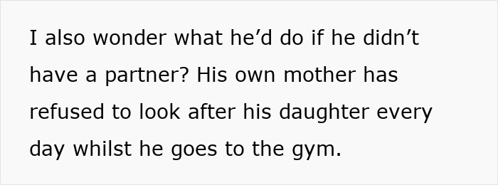 Text excerpt discussing a woman feeling treated like an unpaid nanny after partner leaves child to go to the gym.