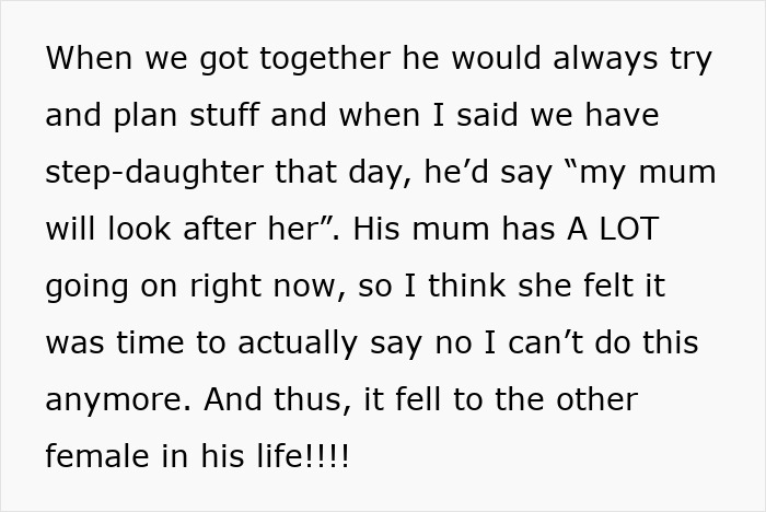 Text discussing a woman feeling treated like an unpaid nanny after her partner leaves their child to go to the gym.