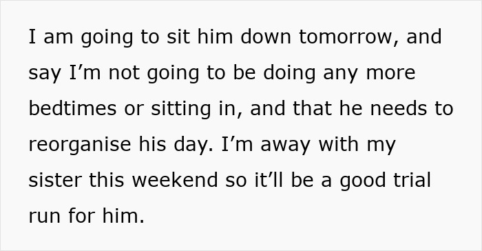 Text excerpt from woman feeling treated like unpaid nanny after partner leaves child to go to the gym, discussing setting boundaries.