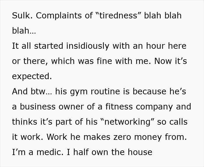 Text excerpt showing a woman feeling treated like an unpaid nanny while her partner prioritizes gym and fitness networking.