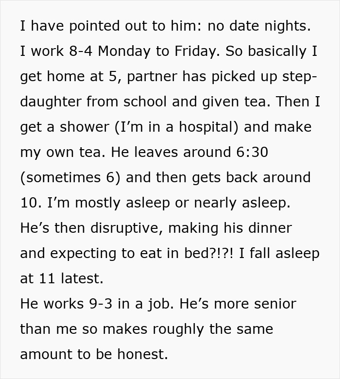 Text showing a woman feeling treated like an unpaid nanny as her partner leaves their child to go to the gym.