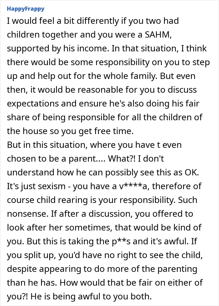 Comment highlighting unfair treatment and feeling like an unpaid nanny after partner leaves child to go to the gym.