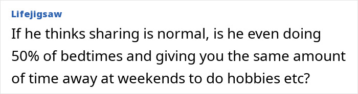 Screenshot of an online comment about feeling treated like an unpaid nanny when partner prioritizes gym over childcare.