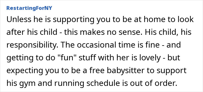 Comment highlighting frustration about being treated like an unpaid nanny when partner leaves child to go to the gym.