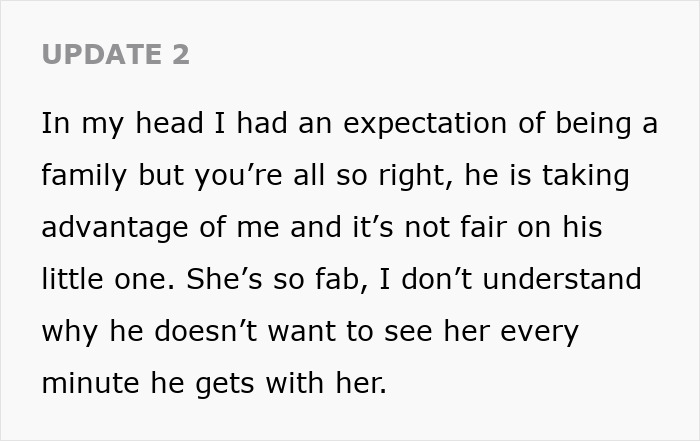 Text excerpt showing a woman feeling treated like an unpaid nanny as her partner leaves the child to go to the gym.