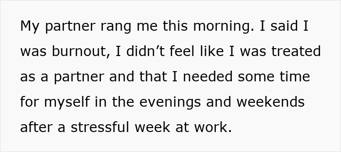 Text on screen showing a woman expressing burnout and feeling treated like an unpaid nanny by her partner.