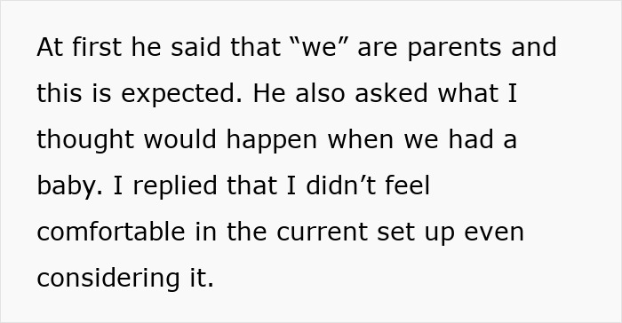 Text excerpt showing a woman explaining feeling treated like an unpaid nanny after partner leaves child to go to the gym.