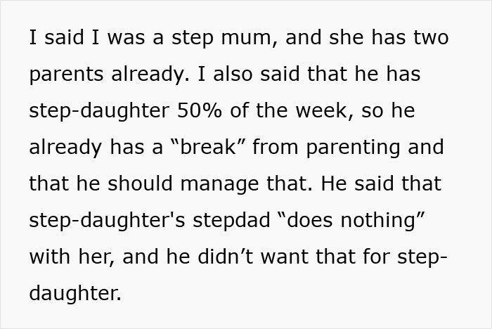 Text about woman feeling treated like unpaid nanny while partner leaves child to go to the gym, discussing step-parenting challenges.
