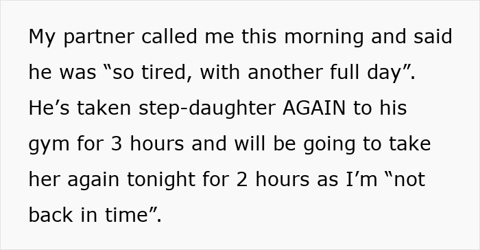 Text excerpt showing a woman feeling treated like an unpaid nanny as her partner repeatedly takes child to the gym.