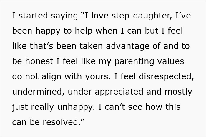 Text excerpt showing a woman feeling treated like an unpaid nanny and unappreciated after partner leaves child to go to the gym.