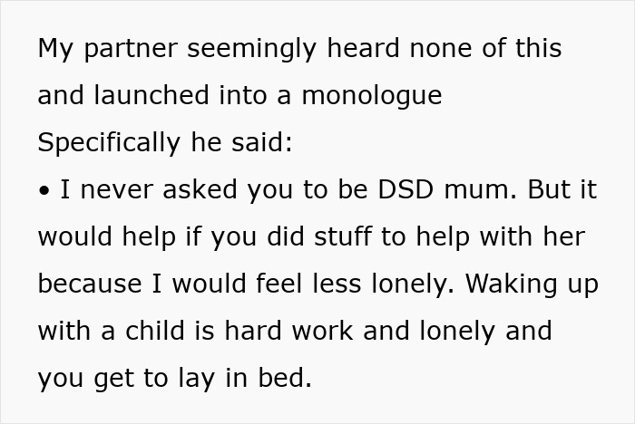Text excerpt showing a partner explaining feelings of loneliness and asking for help with childcare duties after going to the gym.