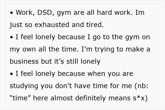 Text excerpt highlighting a woman feeling exhausted and lonely as her partner leaves child to go to the gym.