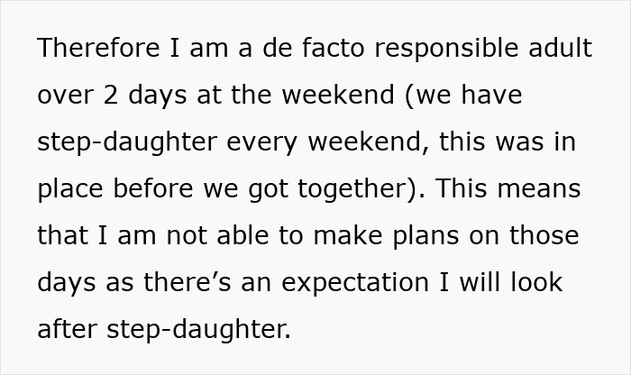 Text about woman feeling treated like unpaid nanny, responsible for step-daughter over weekends with limited personal plans.