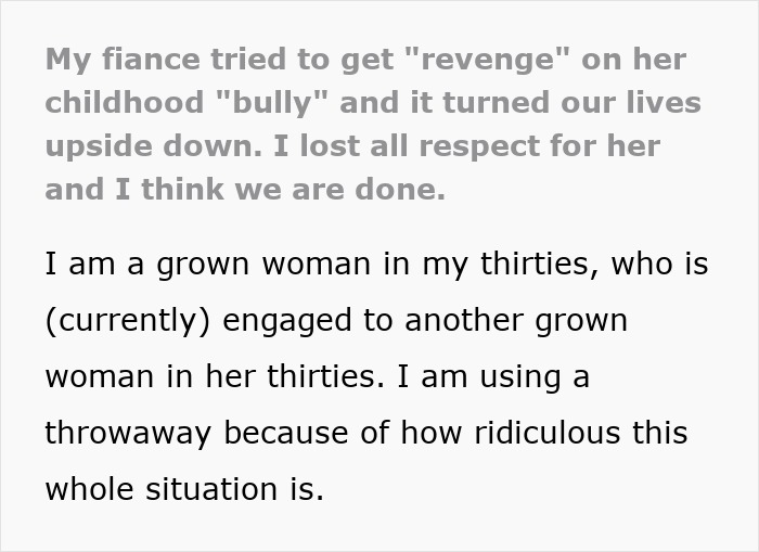 Text excerpt about a fianc&eacute;e's obsession with her childhood bully causing relationship problems and loss of respect.