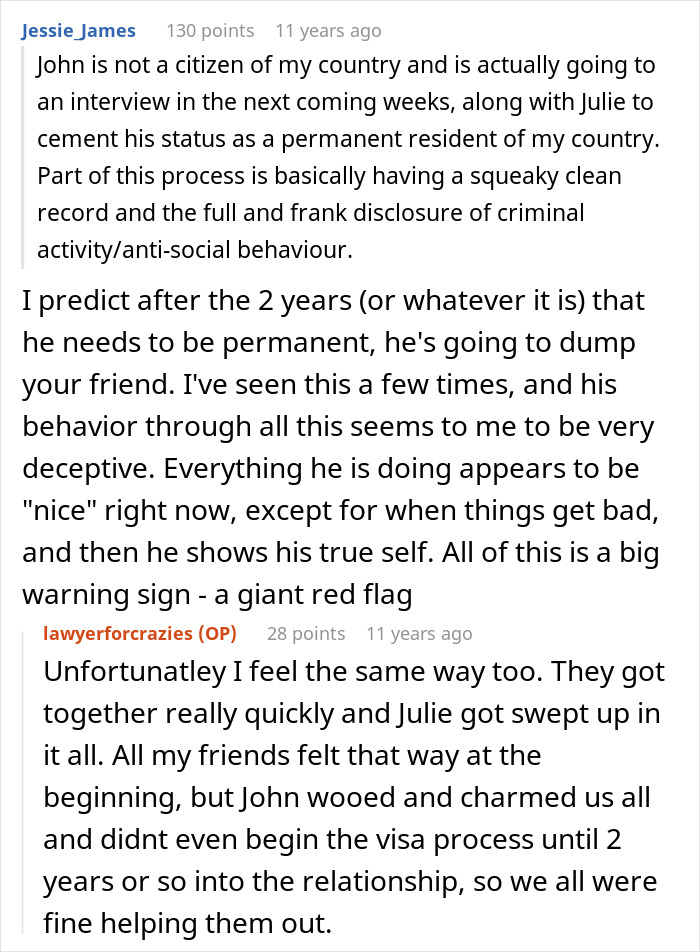 Screenshot of an online discussion about a woman protecting her new career and seeing friends&rsquo; true colors.