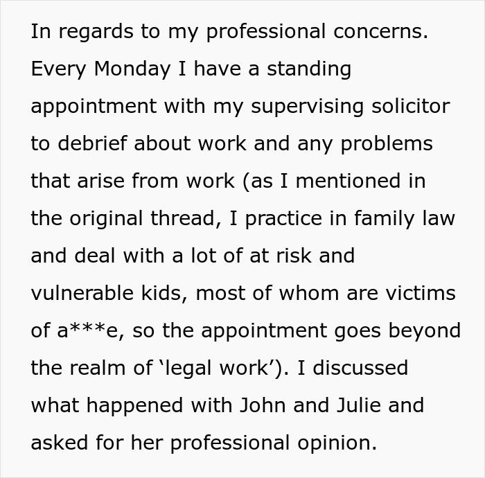 Text block about a woman managing professional concerns and refusing to risk her new career despite friends asking for free advice.