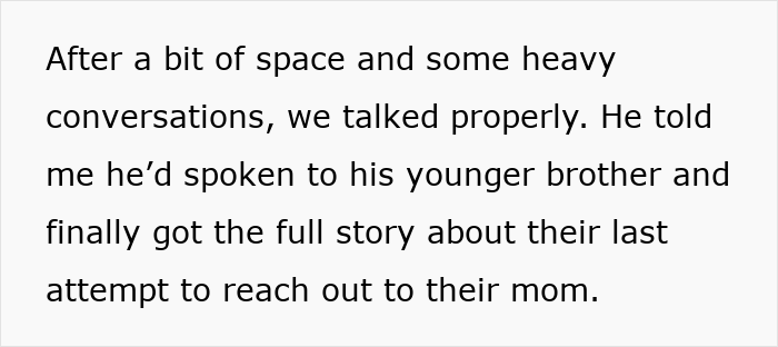 Text showing a man feeling torn between his husband and his mother-in-law after secretly helping her.