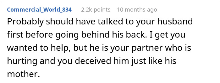 Comment expressing conflict between husband and mother-in-law after secretly helping her in a relationship dilemma discussion.