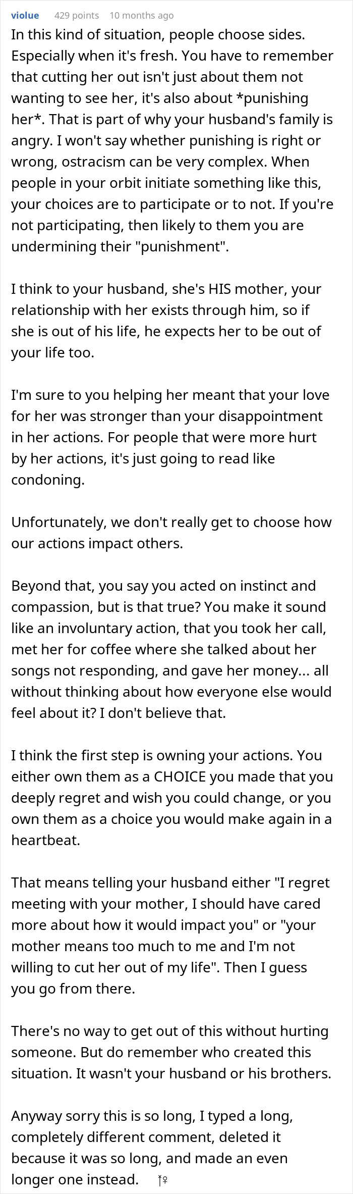 Text excerpt discussing a man feeling torn between his husband and mother-in-law after secretly helping her, exploring family conflict and choices.