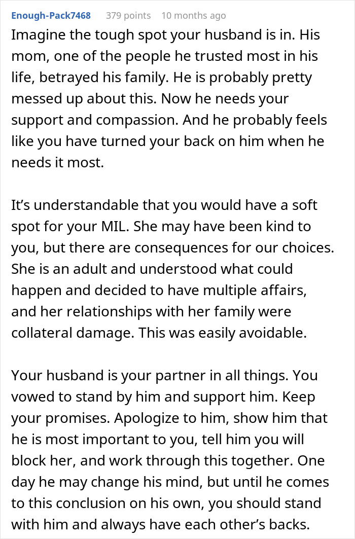 Man feels torn between husband and mother-in-law after secretly helping her, causing family conflict and emotional struggle.
