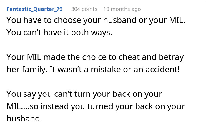 Screenshot of a forum post discussing a man feeling torn between his husband and mother-in-law after secretly helping her.