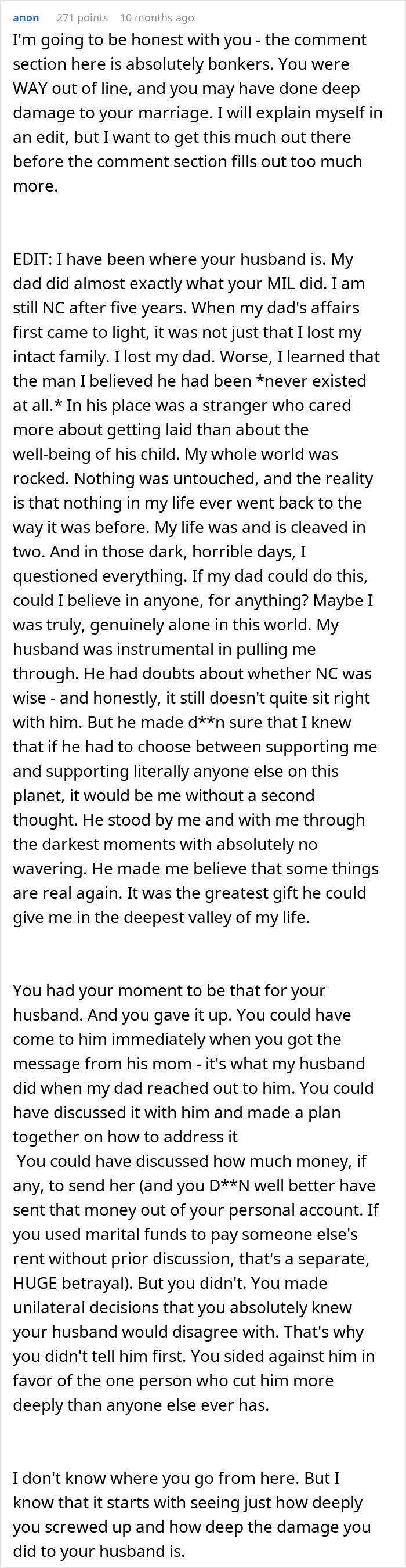 Text post of a man feeling torn between his husband and mother-in-law after secretly helping her, sharing a heartfelt personal story.