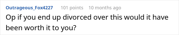 Comment expressing concern about potential divorce after secretly helping mother-in-law, reflecting conflict between husband and in-law.