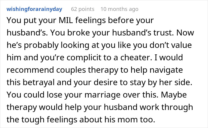 Reddit comment discussing feelings torn between husband and mother-in-law after secretly helping her.
