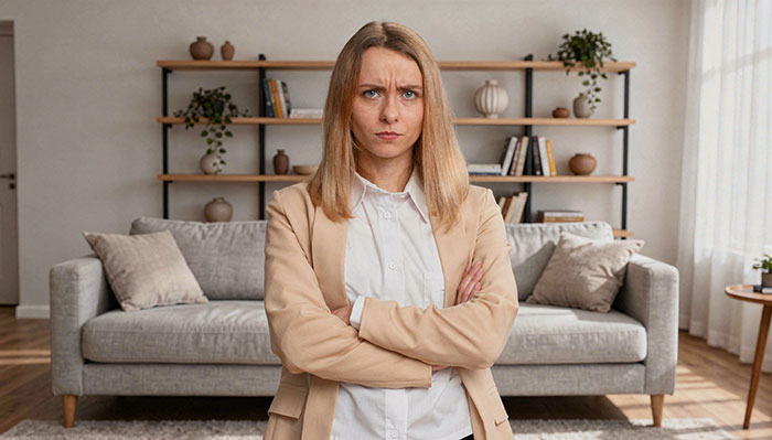 Woman looking frustrated and tongue-tied after confronting partner&rsquo;s indiscretions and insulting sister-in-law&rsquo;s hubby.