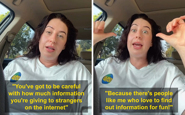 Woman in a car sharing a cautionary story about matching with the perfect guy on Hinge and online information sharing.