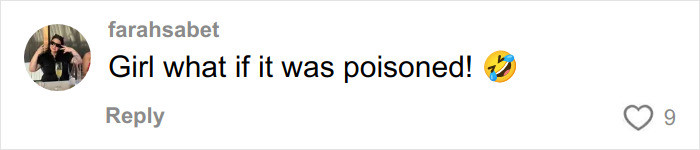 Comment by user farahsabet saying Girl what if it was poisoned with a laughing emoji on a social media post about a hinge match first date.