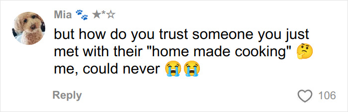 Comment from Mia questioning trust in homemade cooking on a first date, expressing disbelief with crying emojis.