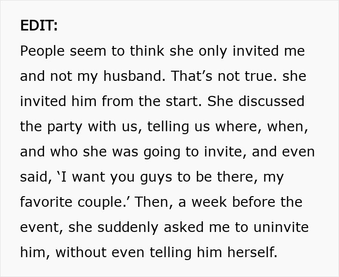 Text excerpt discussing a woman banning her best friend&rsquo;s baby and husband from her engagement party, causing conflict.