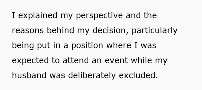 Text image showing a woman explaining her decision to ban best friend&rsquo;s baby and husband from her engagement party.