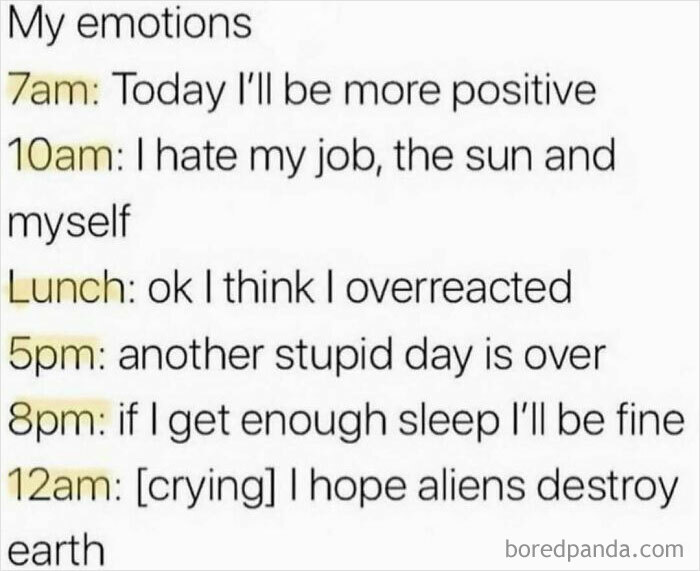 Memes showing a range of work emotions throughout the day, highlighting humor and stress in daily office life.