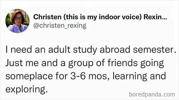 Tweet about wanting an adult study abroad semester with friends for 3-6 months of learning and exploring work memes.