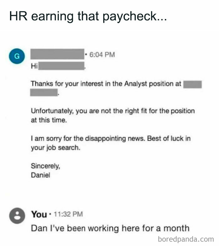 Screenshot of a work meme showing an HR rejection email followed by a humorous reply from an existing employee.