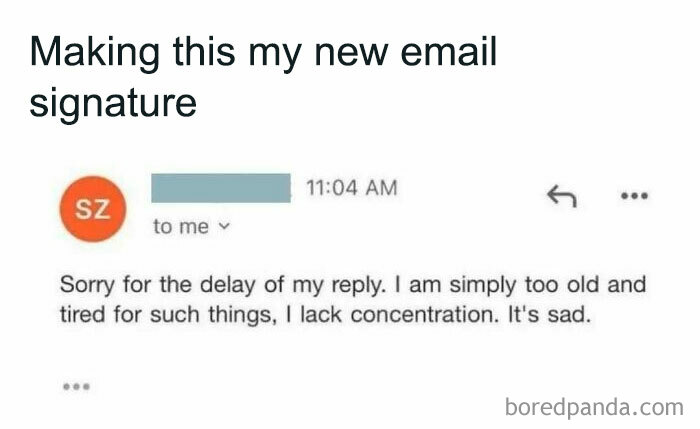 Email meme about feeling too old and tired to reply, reflecting workplace memes that make you laugh or cry.
