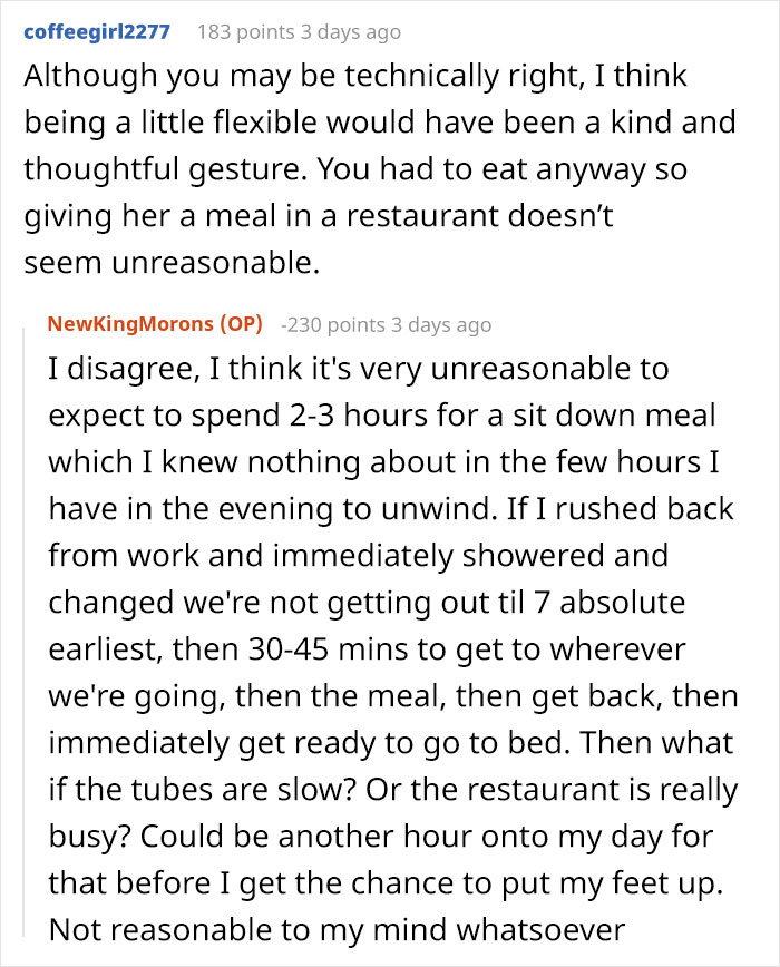 Reddit user debates unreasonable expectations during a business trip, reflecting frustration with romantic getaway misunderstandings.