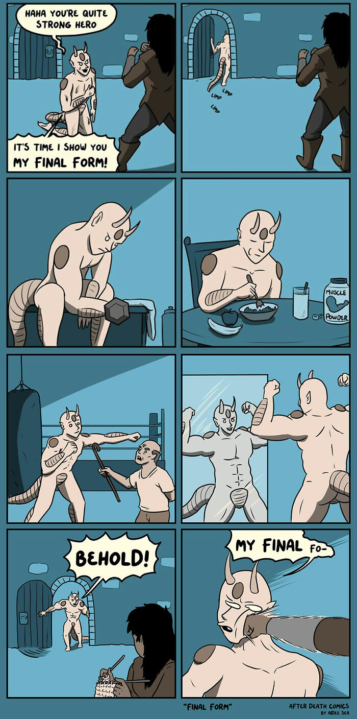 Comic strip showing a demon character training and humorously revealing his final form in a slightly weird sense of humor comic.