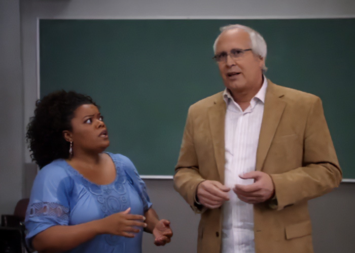 Chevy Chase and Community actress in a classroom scene amid Chevy Chase N-Word scandal discussion and new documentary response. Chevy Chase and Community actress in a classroom scene amid Chevy Chase N-Word scandal discussion and new documentary response.