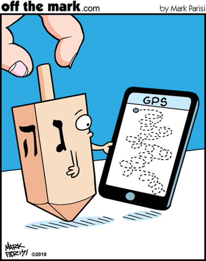 Hand holding a dreidel looking at a smartphone with a confusing GPS path in a technology and internet life comic by Mark Parisi.